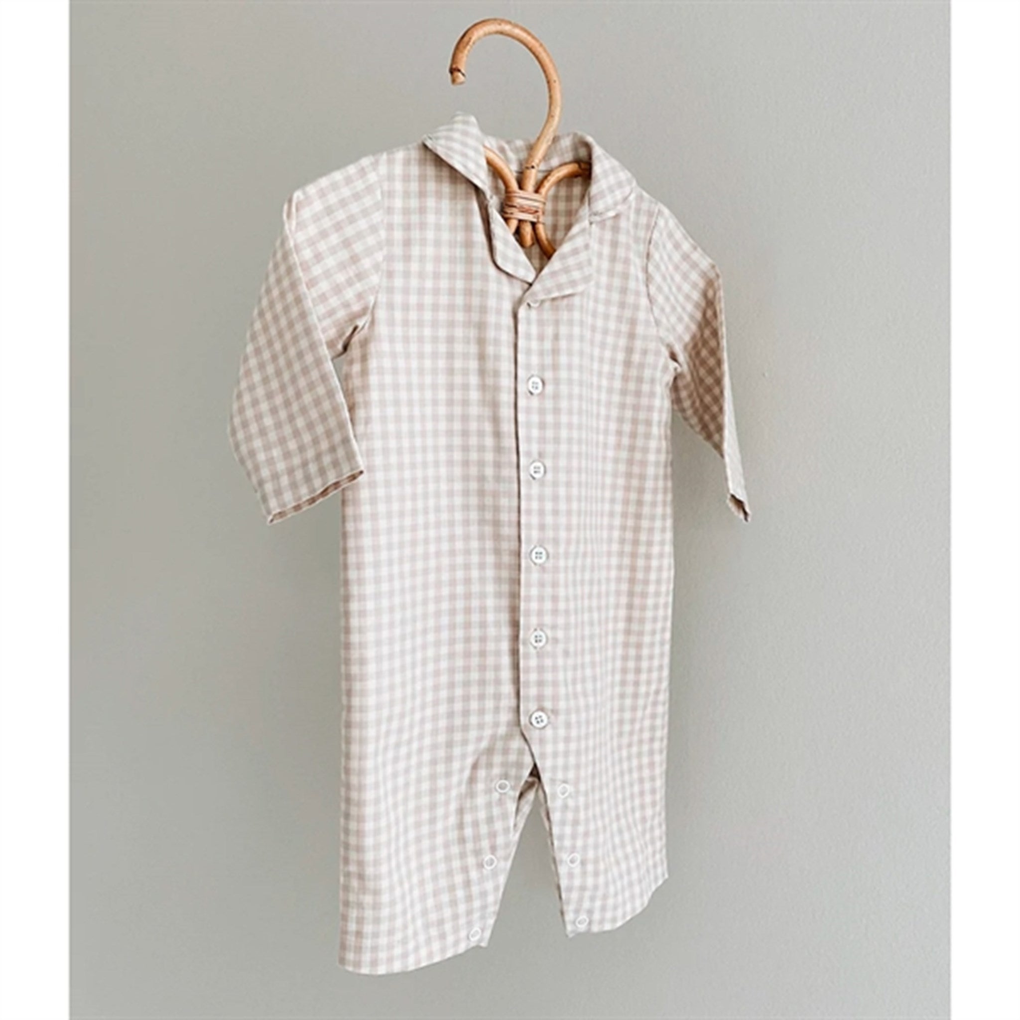Beige Gingham Klassisk Natdragt i Økologisk Bomuld