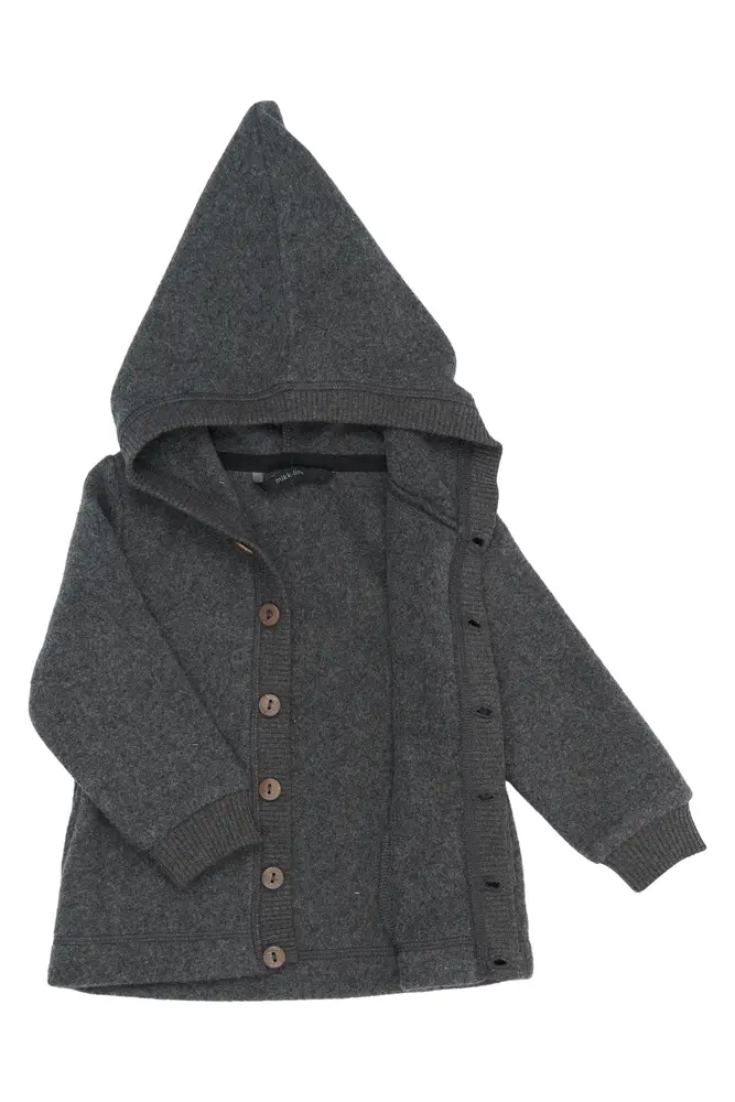 Bomuld Fleece Cardigan med Hætte - Anthracite Melange - 74