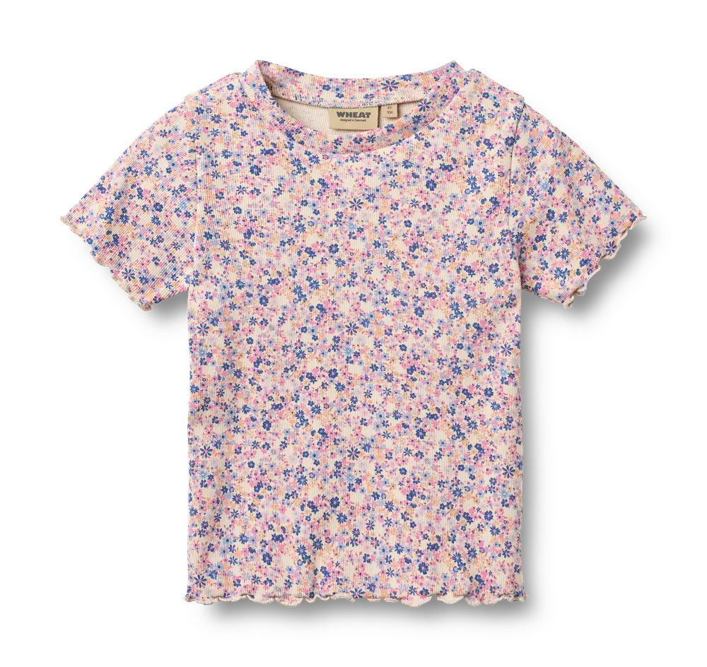 Alicia Rib T-Shirt - Pink Blue Flowers - 98
