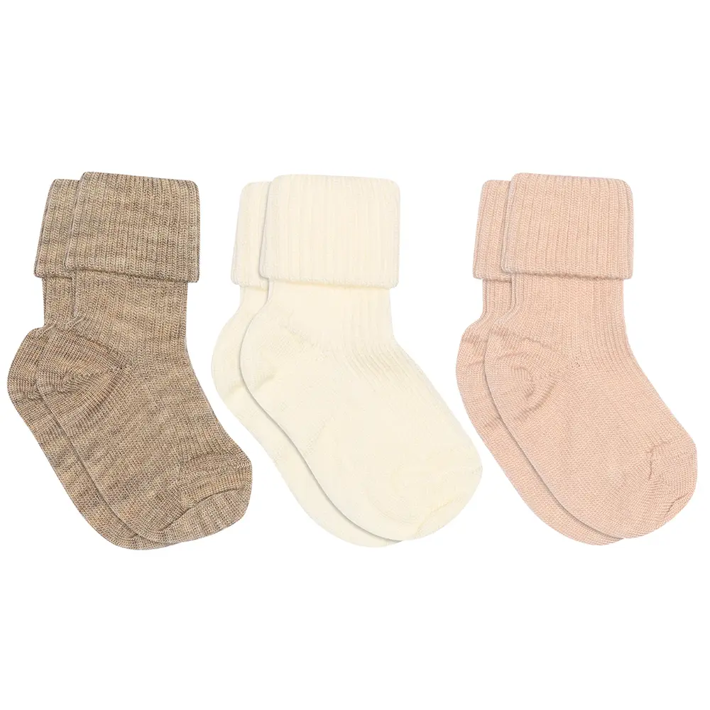 Uld rib baby strømpe 3 pak - Light Brown Melange - 17/18