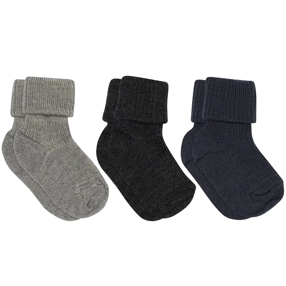 Uld rib baby strømpe 3 pak - Grey Melange - 22/24