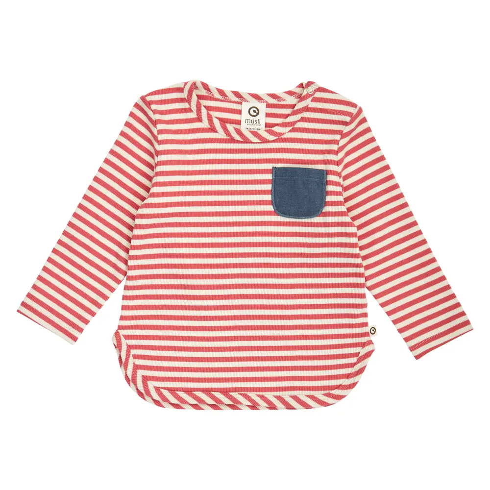 Rib Stripede Bluse m. Lomme - Mineral red/ Tofu - 86