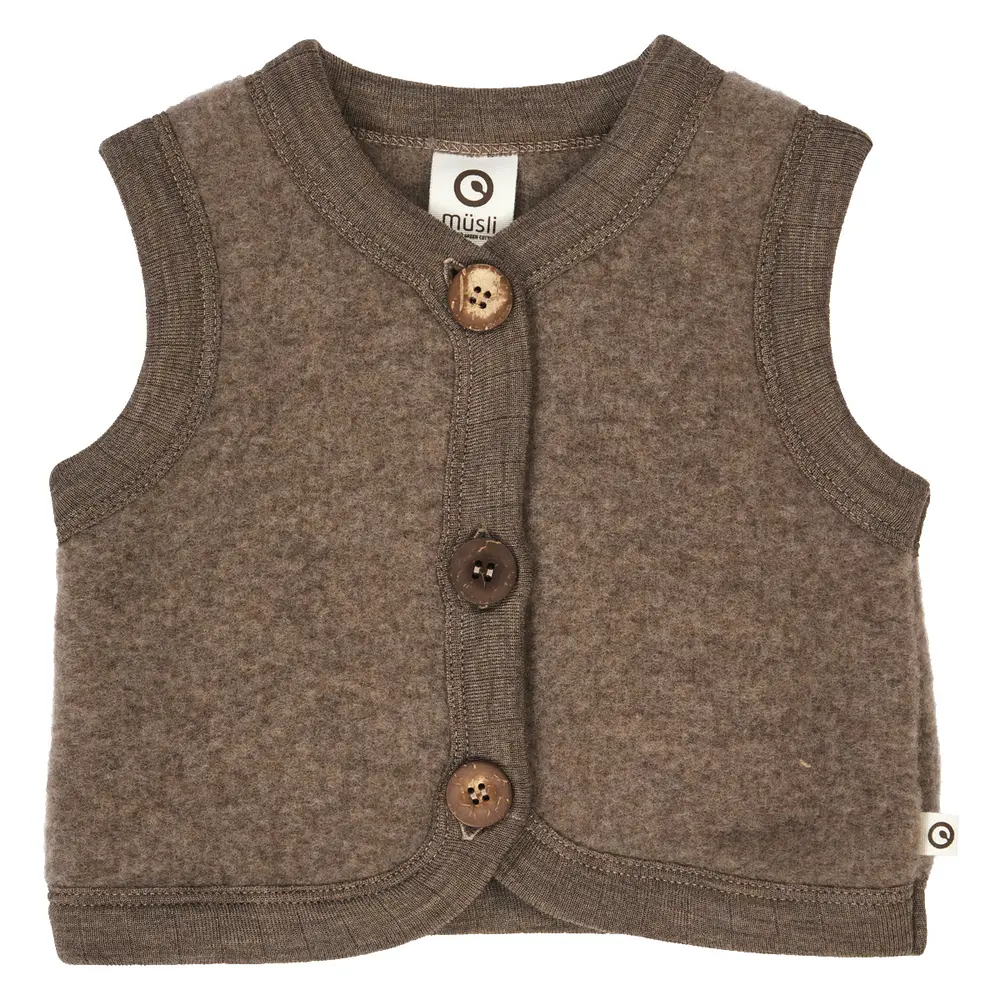 Müsli Vest i Merinould Fleece - Walnut Melange  - 62