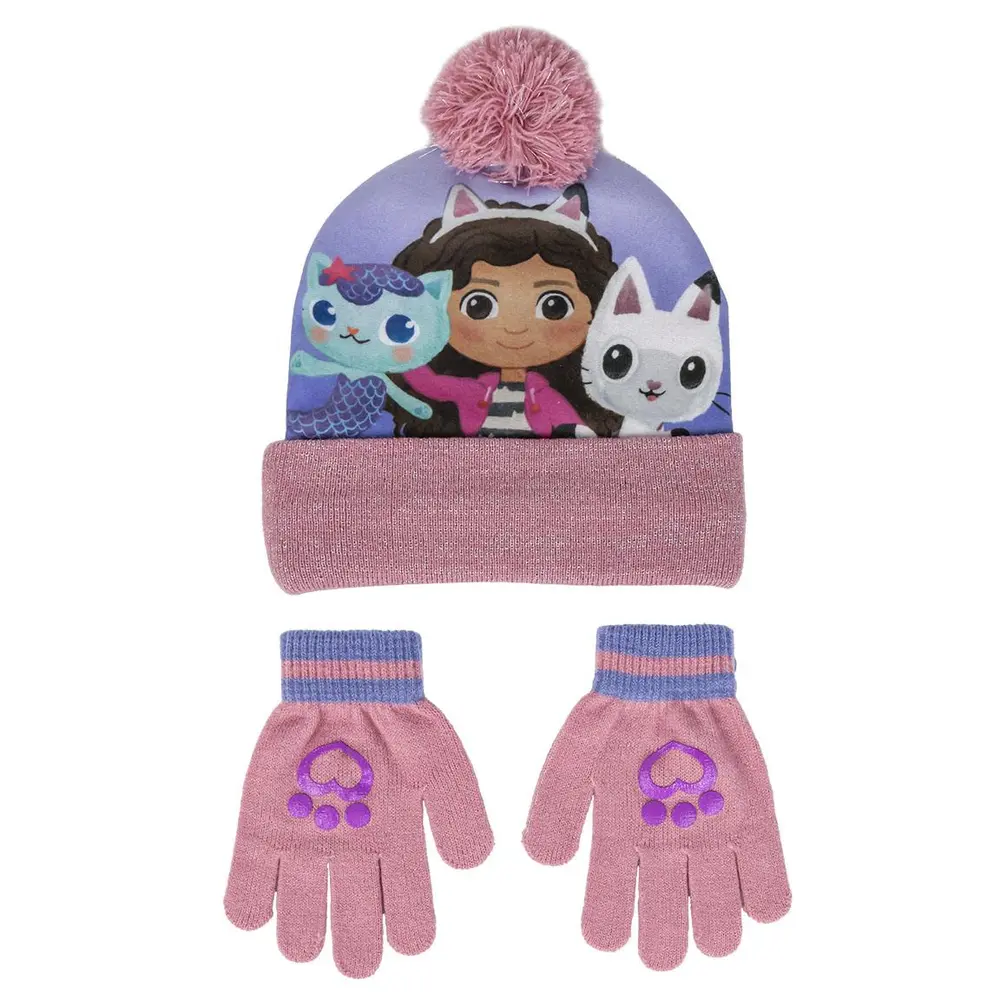 2-Delt Hue og vante sæt -  Gabby's Dollhouse - LRØD/LILLA - 2-6 ÅR