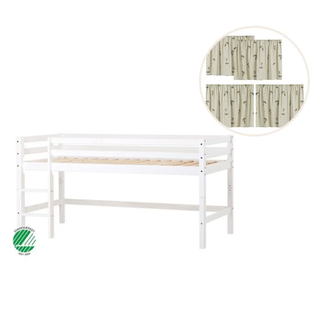 ECO Dream Halvhøj seng (delbar) hvid 90x200, med forhæng grøn