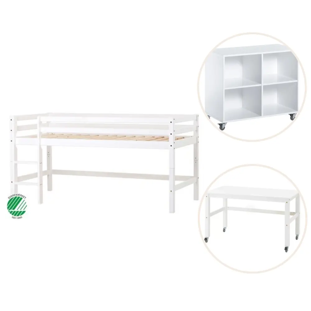 ECO Dream Halvhøj seng (delbar) hvid, med rumdeler og skrivebord