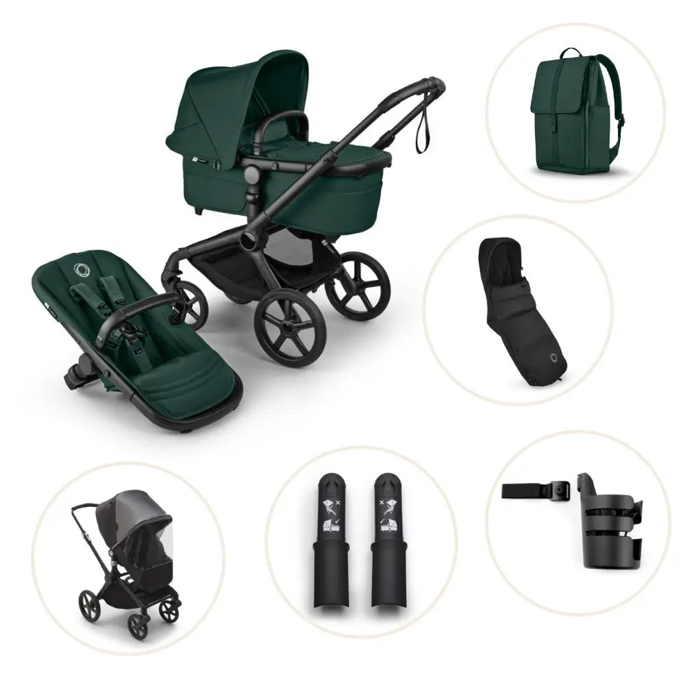 Bugaboo Fox 5 Renew Kombivogn Inkl. Puslerygsæk, Kørepose, Kopholder, Højdeadapter Og Regnslag - Black/Fern Green
