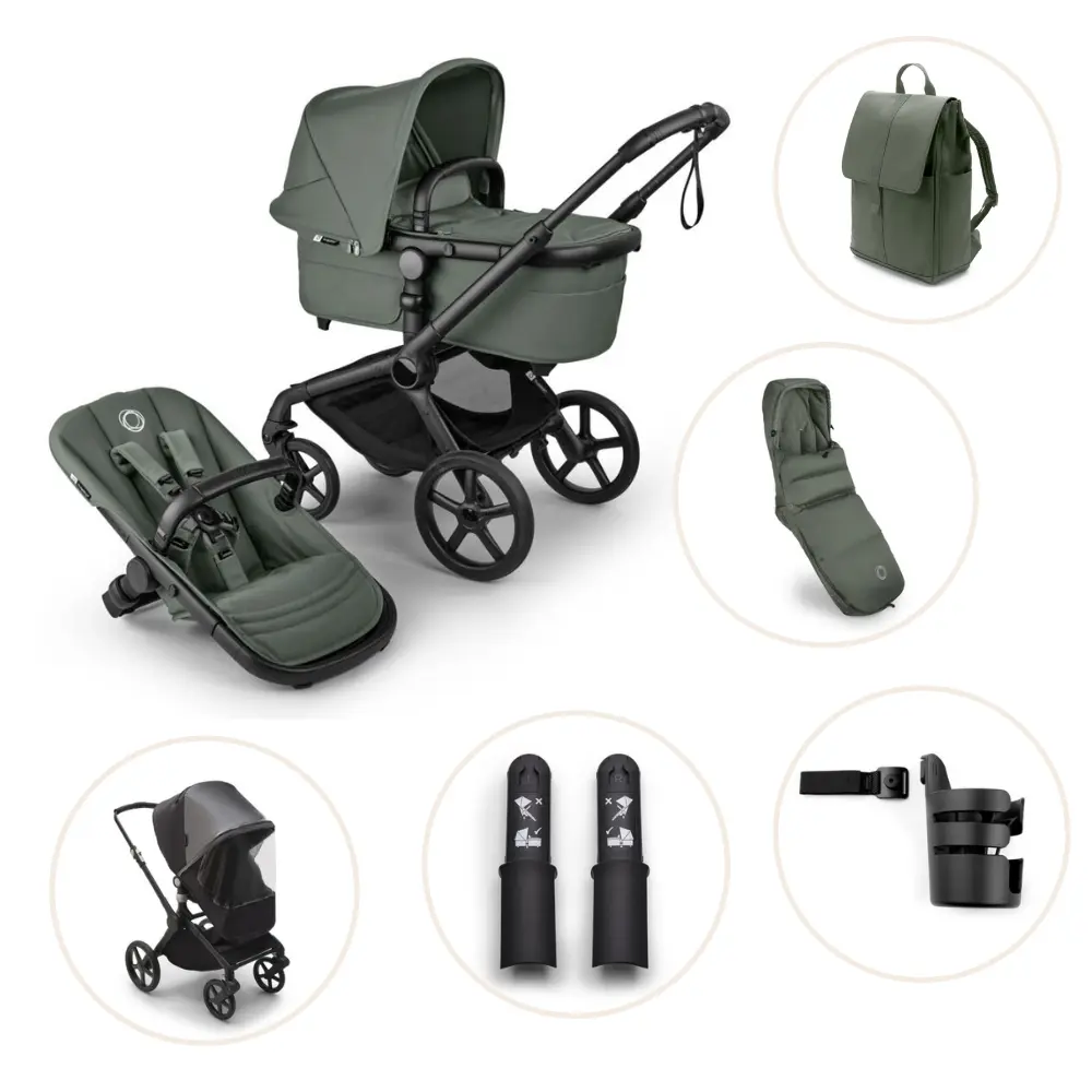 Bugaboo Fox 5 Renew Kombivogn Inkl. Puslerygsæk, Kørepose, Kopholder, Højdeadapter Og Regnslag - Black/Forest Green